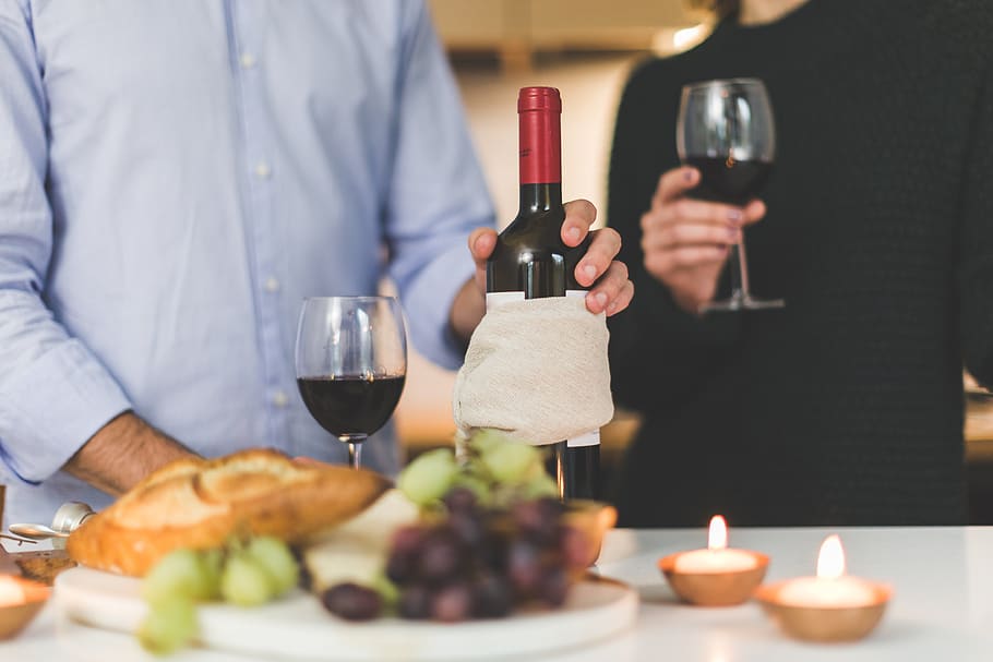 anggur, sepasang, romantis, makanan, minum, lilin, tanggal, kenikmatan, bersantai, perayaan