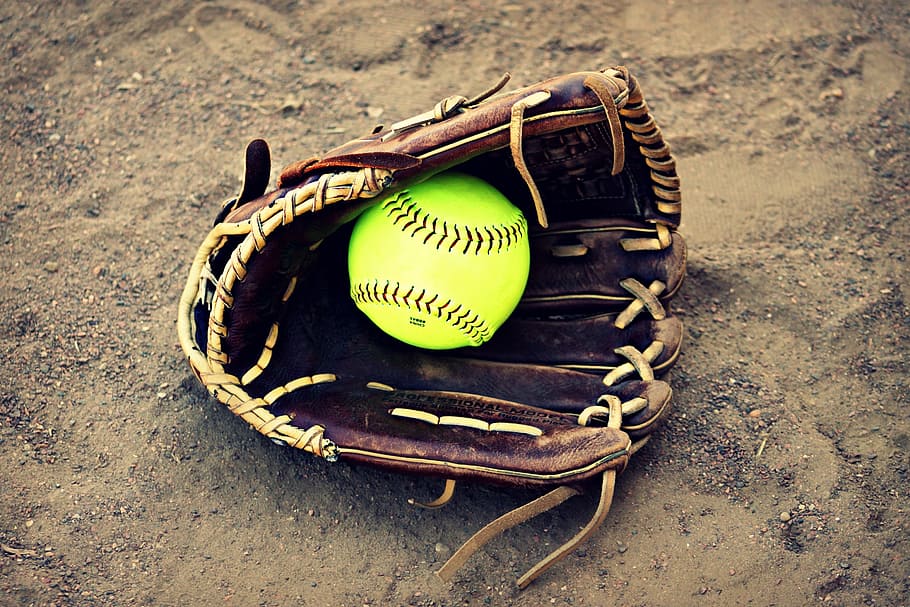 baseball game ball, baseball mitt, softball, outside, ball, leather, seam, stitching, recreation, sports