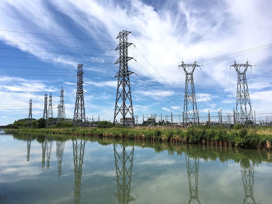 planet, energy, electricity, tower, clouds, channel, sky, reflection, technology, water
