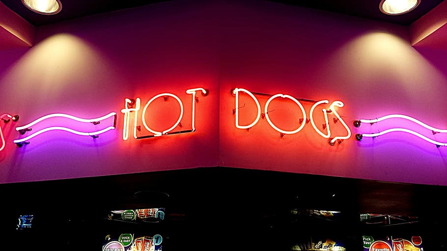 hot dogs, shop, sign, light, fast food, billboard, lunch, meal, snack, unhealthy
