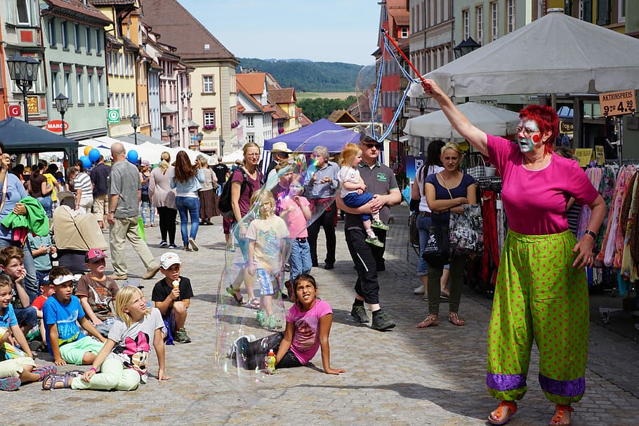 Clown, Rottweil, Children, funny, soap bubbles, fun, arts culture and entertainment, performance, large group of people, people
