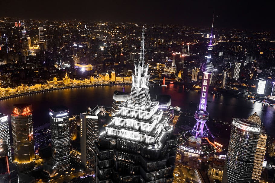 ciudad, horizonte, paisaje urbano, china, shanghai, moderno, edificio, noche, neón, arquitectura