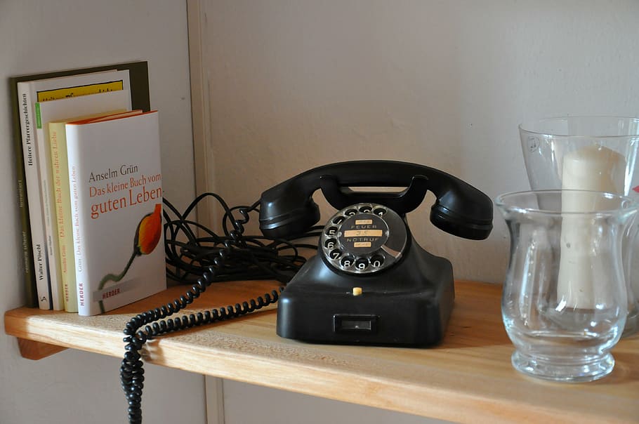 phone, communication, call, telephone, technology, landline phone, retro styled, table, indoors, nostalgia