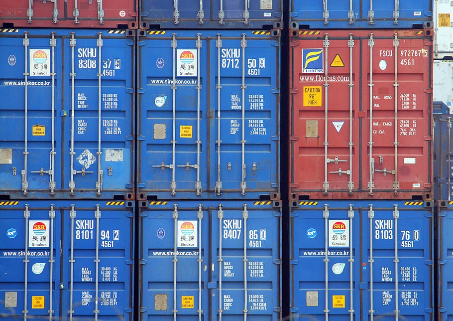 blue, red, steel containers, containers, freight, export, cargo, transport, transportation, shipping
