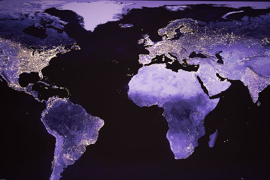 world map painting, world, night photograph, satellite image, lights, night, continents, europe, america, africa
