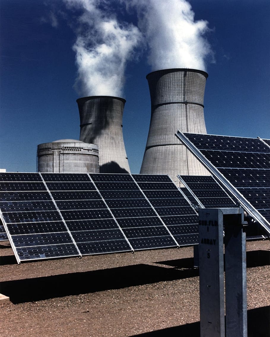 solar, panels, gray, exhaust system, solar panel array, nuclear plant, cooling towers, power, sun, electricity