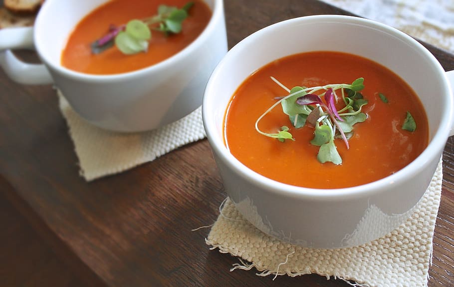 two, round, white, ceramic, bowls, sauce, soup, tomato, healthy, homemade
