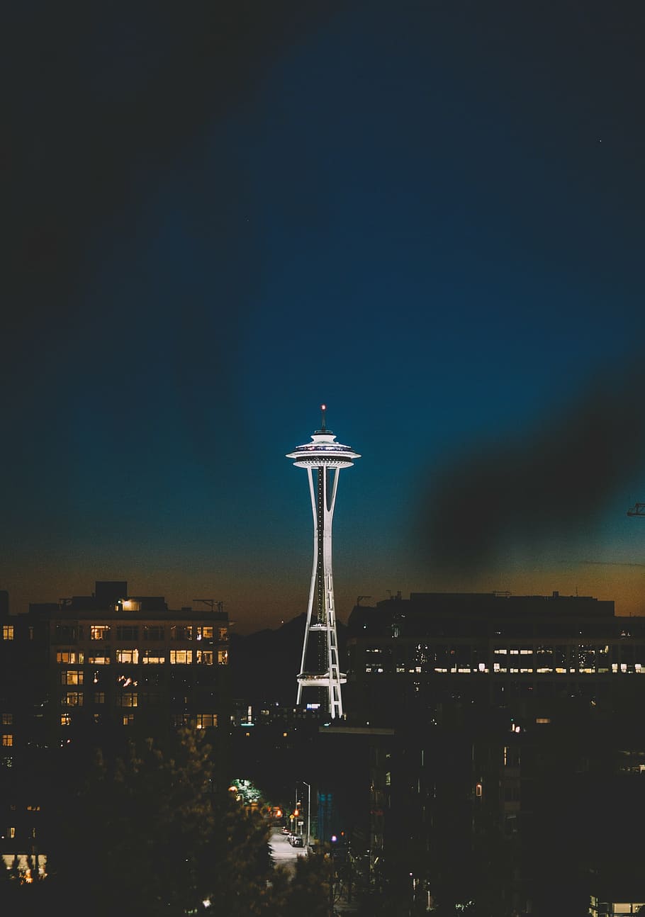 agulha espacial, Seattle, Washington, branco, iluminar, Arranha-céu, noturno, Sombrio, noite, construção