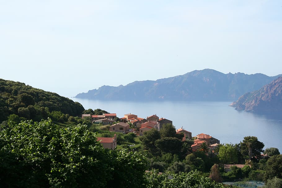 corsican, landscape, nature, mountain, sea, summer, architecture, water, building, sky