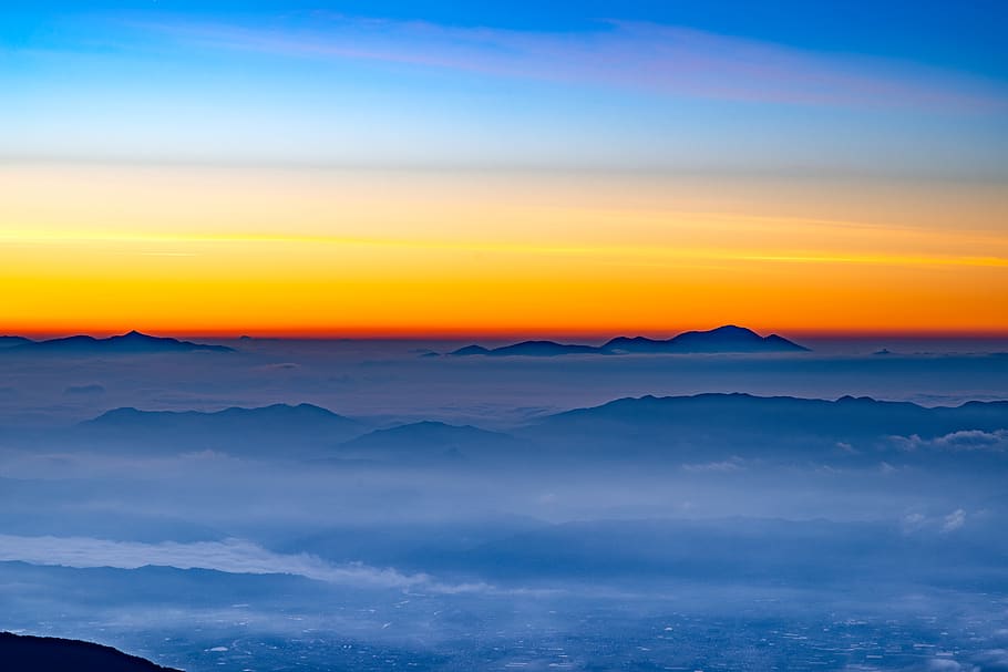 paisaje, antes del amanecer, silencio, niebla cubierta, 松本 盆地, gradiente, azul, naranja, amarillo, prefectura de nagano