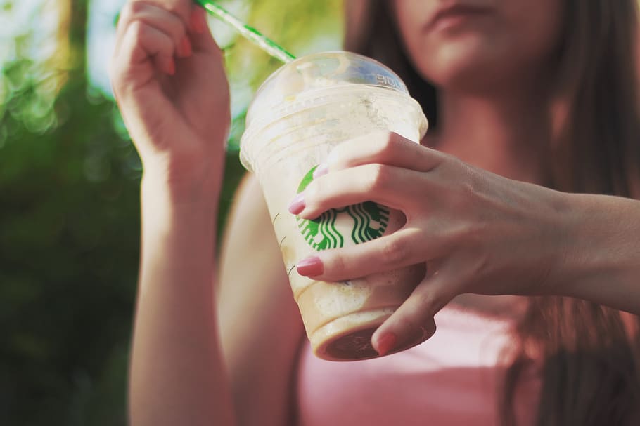 starbucks, coffee, drink, beverage, hands, nail polish, young, girl, holding, one person