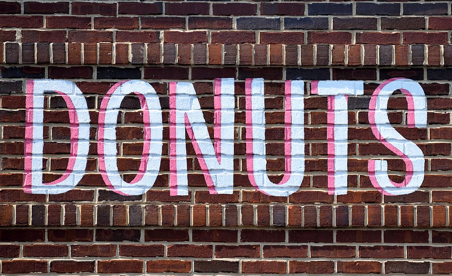 brick wall, exterior, building, sign, donuts shop, wall, brick, architecture, texture, concrete