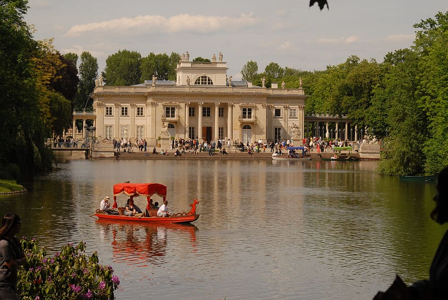 red, boat, body, water, Bathrooms, Warsaw, park, park łazienkowski, royal bathroom, monument