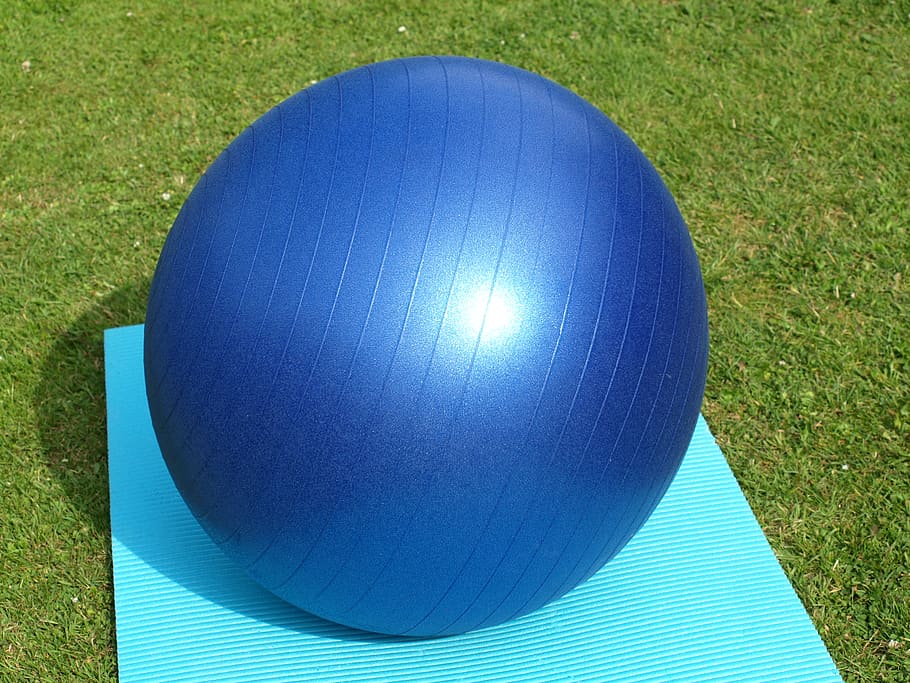 azul, bola de estabilidade, tapete verde-azulado, bola de exercício, grande, ginástica, ioga, esporte, aptidão, grama