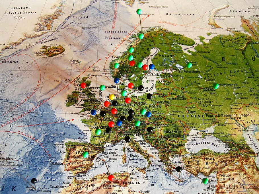 push, pins, map, experienced travel destinations, map of europe, country, travel, holidays, attached destinations, destinations