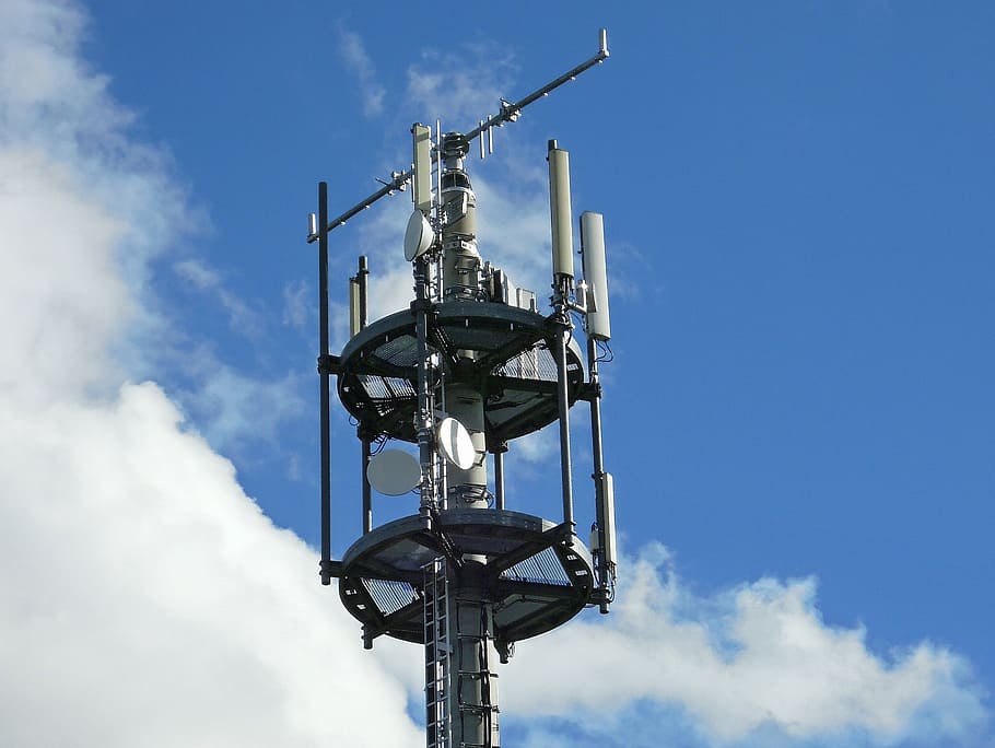 gray, metal tower, white, blue, skty, masts, telecommunications masts, radio relay, mobile, antennas