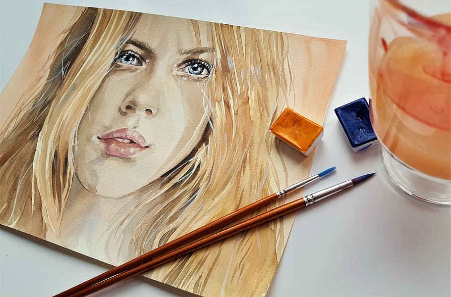 blonde, haired woman painting, art, painting, watercolor, portrait, woman, colors, brushes, paper