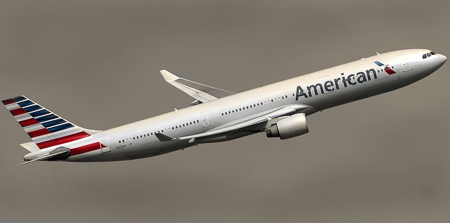 white, american airplane, flew, mid, air, american, airline, aircraft, travel, transport