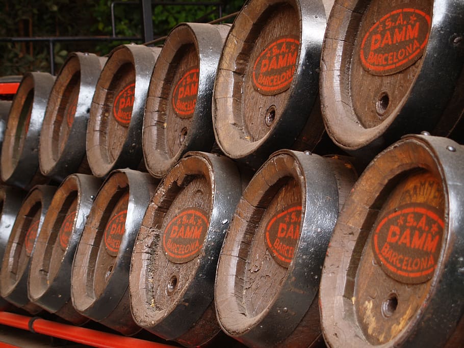 produção, malte, cerveja, barril, vintage, álcool, bebida, madeira, velho, madeira - material