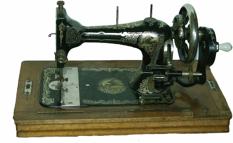 gris, máquina de coser de mesa, aislado, blanco, fondo, máquina de coser, vintage, hierro, antiguo, retro