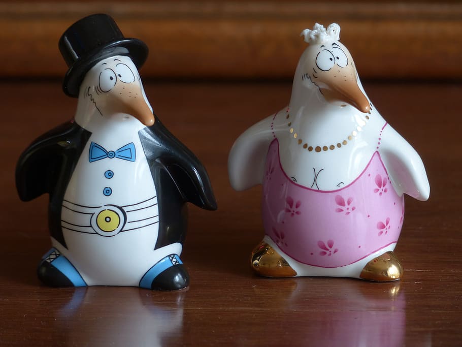 penguin, bride, groom, figure, porcelain, sound, painted, colorful, nice, decoration