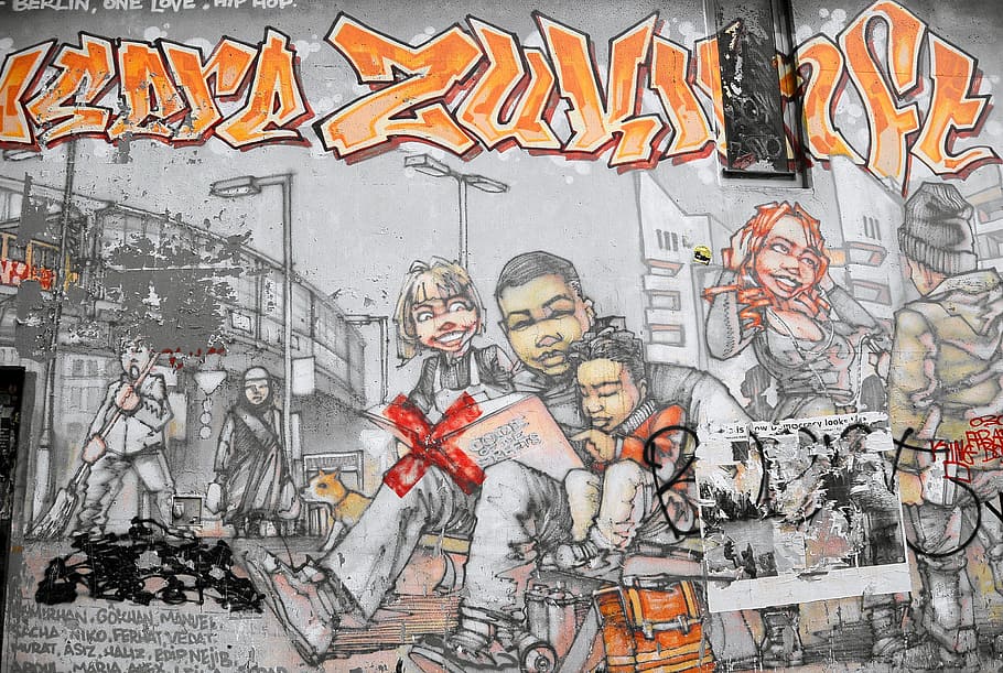 Grafite, arte de rua, arte urbana, arte, pulverizador, mural, berlim, kreuzberg, laranja, pessoas