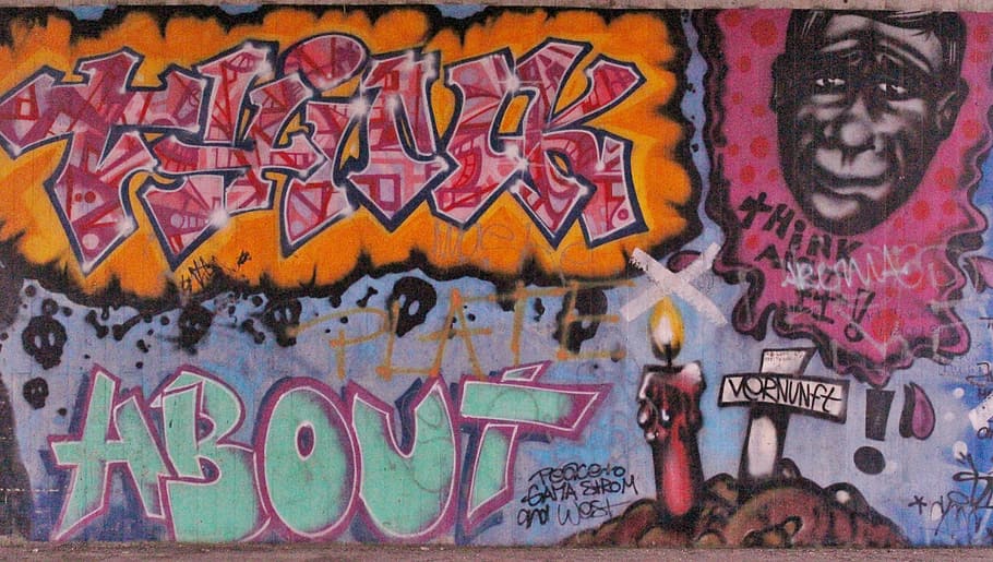 Hormigón, pared, pintado, variado, obras de arte, Street Art, Think About It, grafifti, sabiduría, urbano