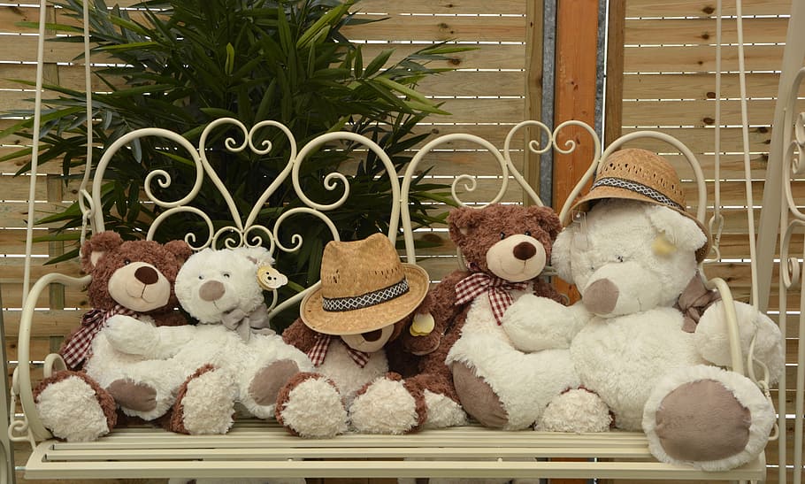bear, plush, toys, brown, porch swing, bear plush toys, sitting, bench, glider teddy bear, childhood