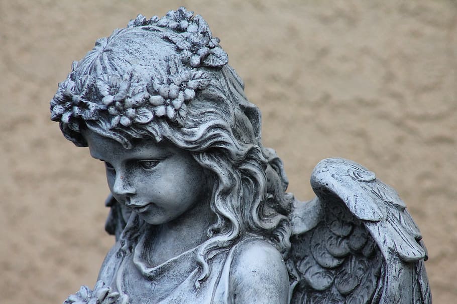grey cherub statue, angel, garden art, sculpture, statue, stone, religious, cupid, decoration, religion