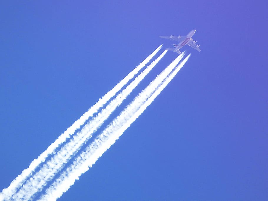 Avión, vuelo comercial, turborreactor, mosca, emiratos, humo, rastro de vapor, exhibición aérea, vuelo, transporte