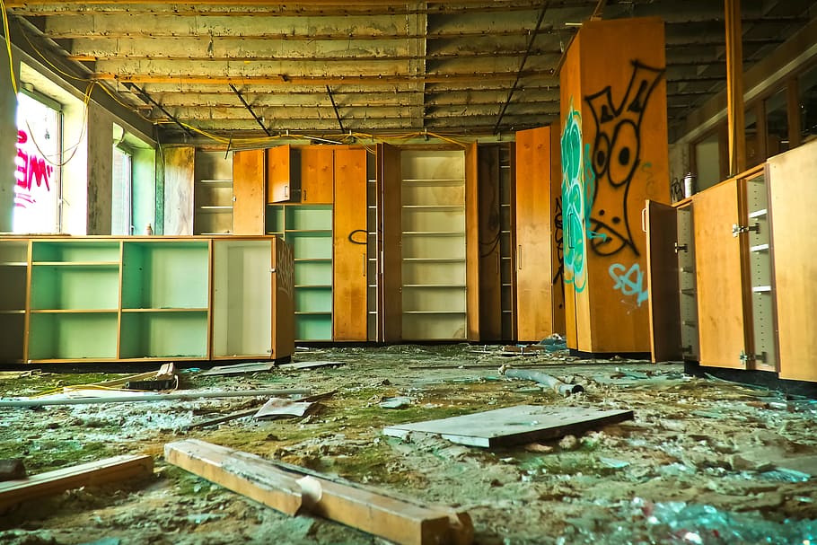 brown, wooden, cabinet, inside, room, lost places, factory, old, leave, industrial building