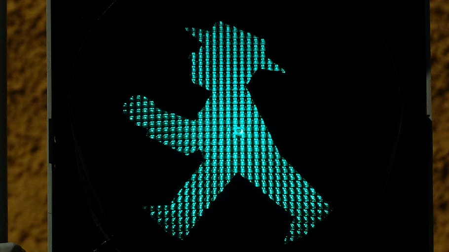 green, go, light signal, little green man, traffic lights, footbridge, traffic signal, males, foot gear males, road sign