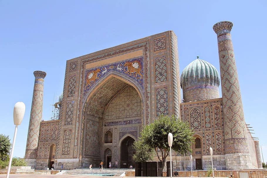 uzbekistan, mosque, samarkand, registan, registan square, blue capital, blue square, foreign countries, overseas trip, central asia