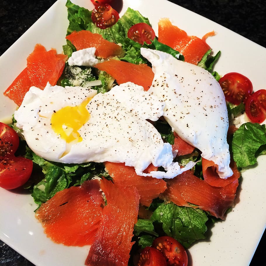 breakfast, healthy, smoked salmon, salad, egg, poached eggs, cherry tomatoes, food, paleo, weight loss