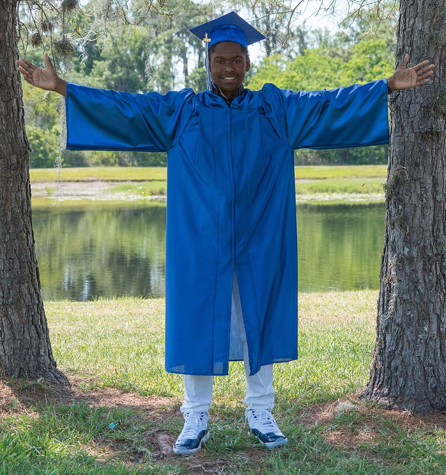 graduation hat gown, people, person, young man, outdoors, adult, fall, portrait, park, smile