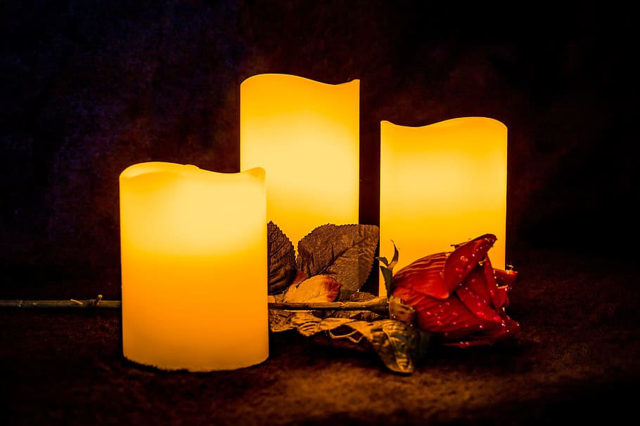 three, flameless pillar candles, flower, candle, light, rose, glowing, decoration, candlelight, yellow