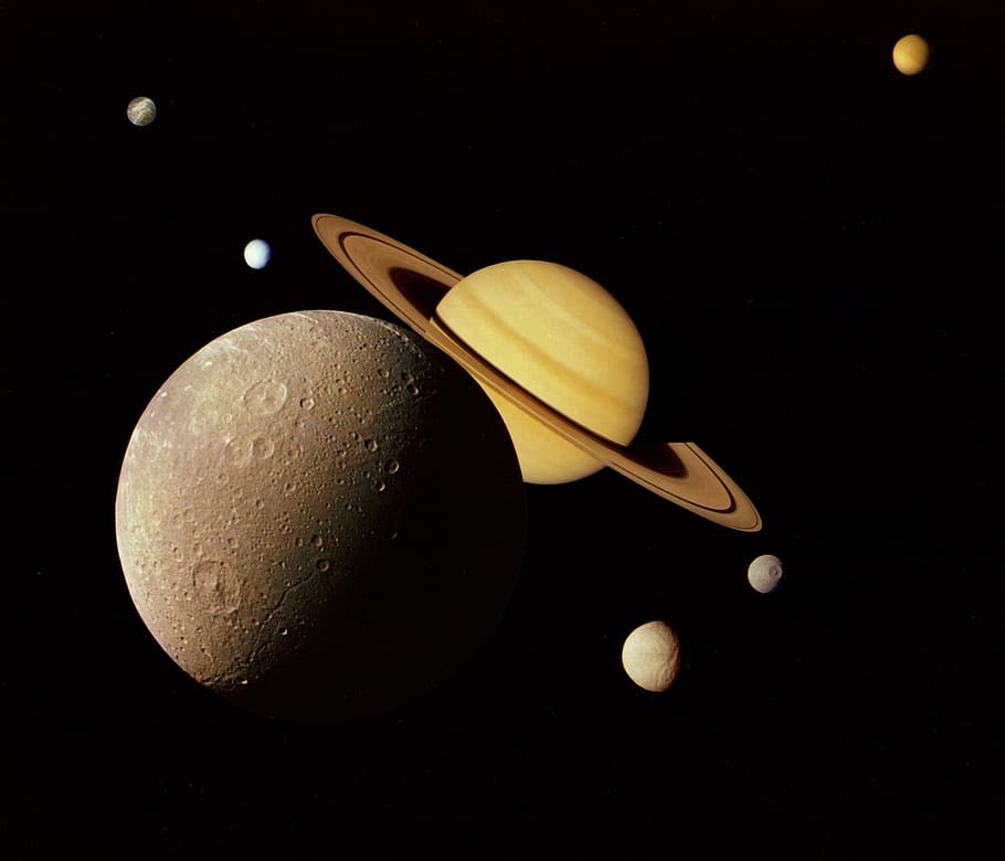 惑星の図, 外側, スペース, NASA, 月, 土星, ディオネ, リング, テティス, 暗い