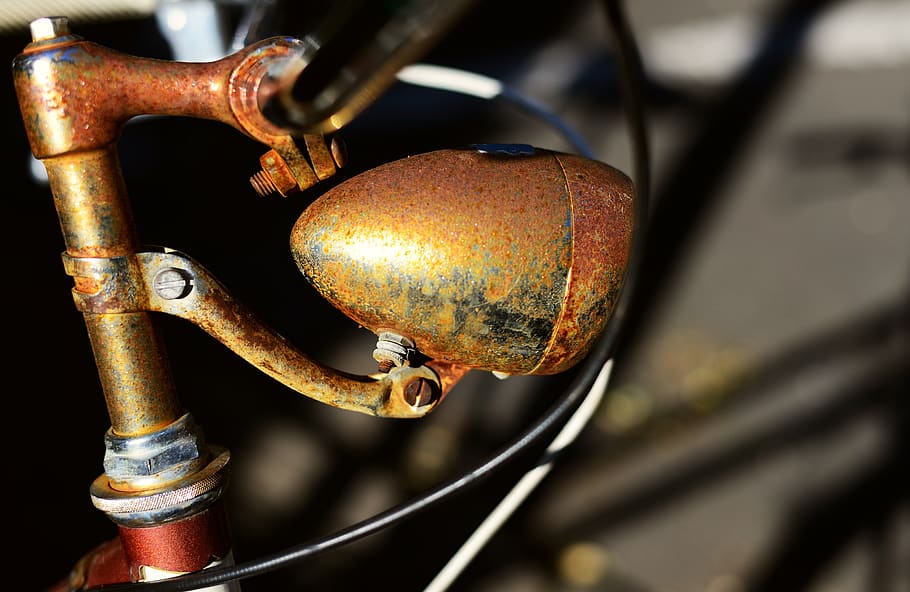 lámpara de bicicleta, bicicleta, óxido, oxidado, gastado, viejo, manillar, pasado, iluminación, metal
