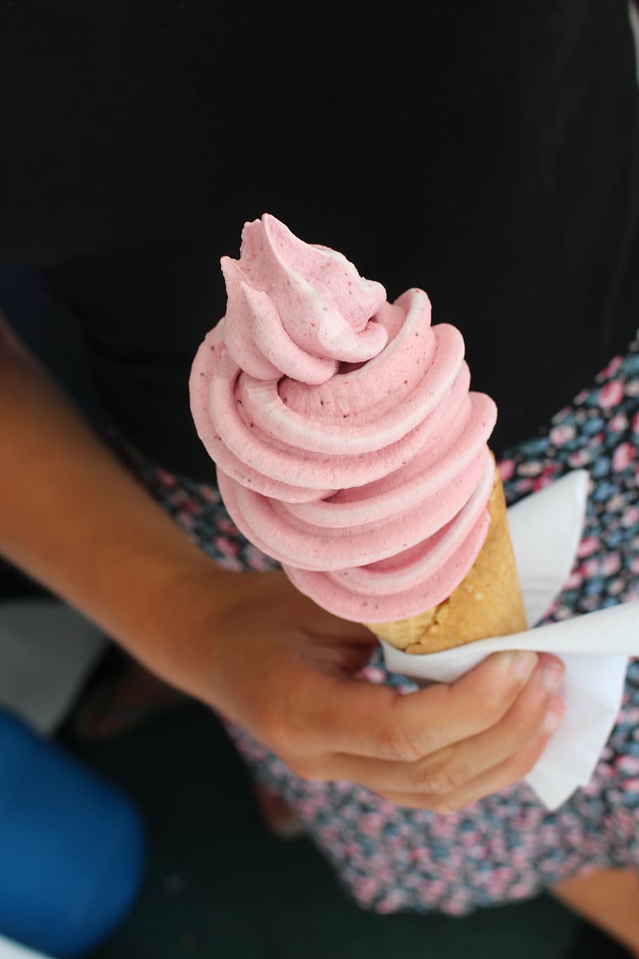 girl, holding, ice, scream, soft ice, strawberry ice cream, summer, waffle, sweet, food