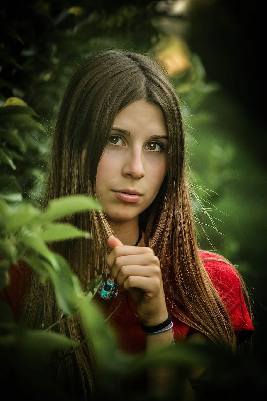 woman, wearing, red, top, plants, daytime, green, portrait, eyes, nature