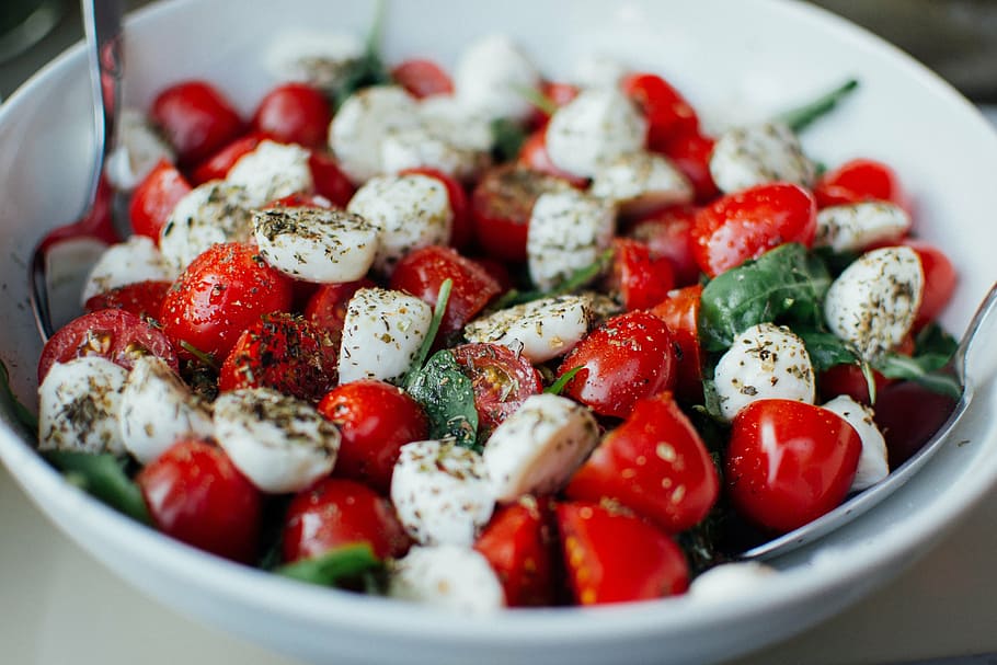 red, cherries, white, ceramic, bowl, tomatoes, bocconcini, cheese, salad, vegetables
