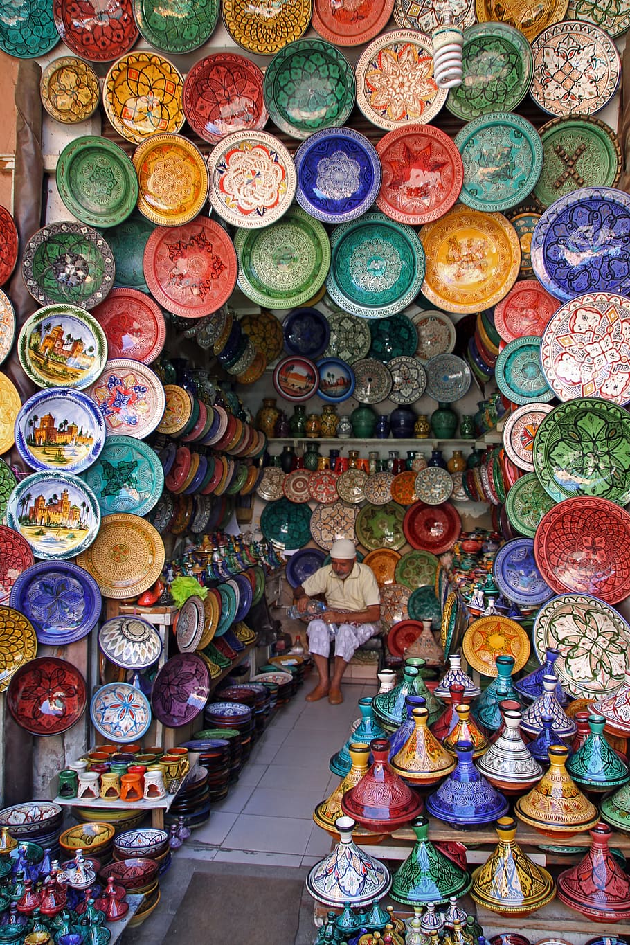 decoração, placas, lote de vaso, marrakech, marrocos, mercado, viagens, coloridos, artesanal, culturas