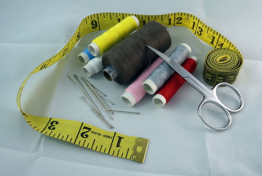sew, sewing, sewing set, scissors, needle, pin, thread, tape measure, textile, art and craft