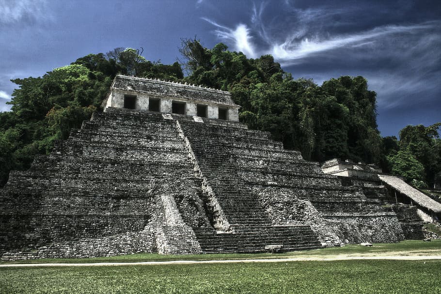gris, hormigón, estructura, rodeado, verde, árboles, pirámide, palenque, antigua, templo