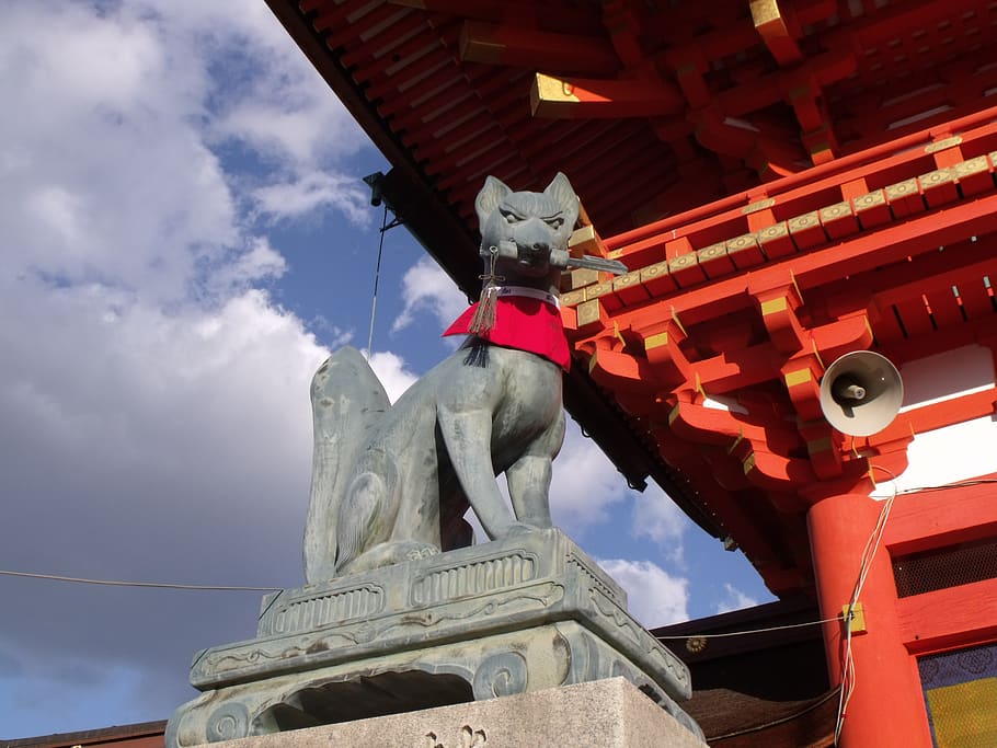 inari, shrine, fox, low angle view, architecture, sky, built structure, cloud - sky, belief, religion
