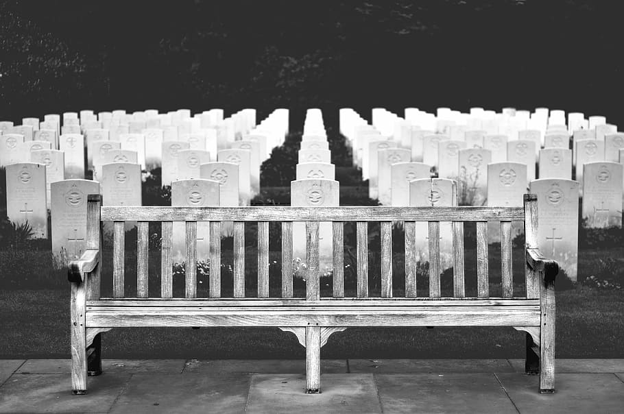 grayscale photography, bench, cemetery, wooden, black, white, black and white, day, outdoors, built structure