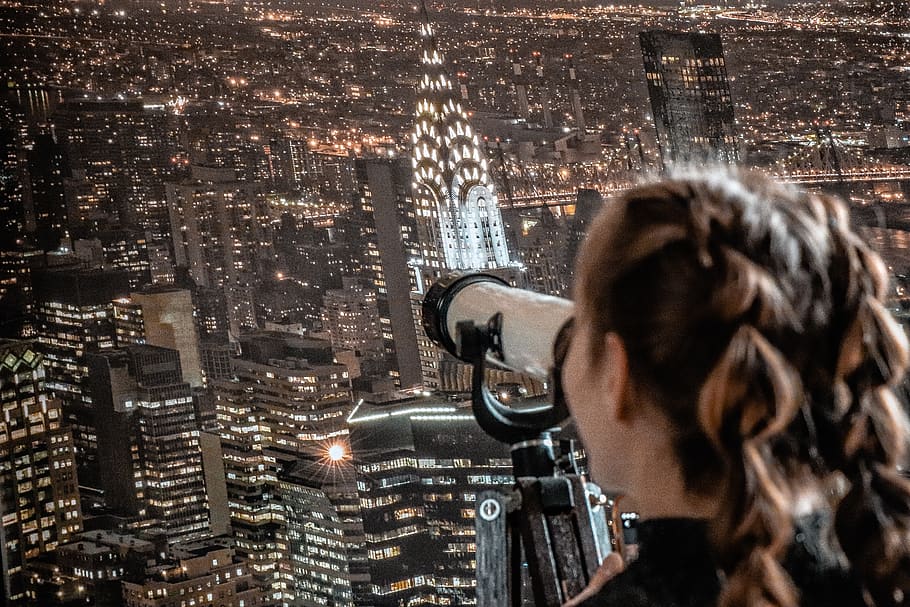 nyc, girl, newyork, america, telescope, outlook, usa, manhattan, building, skyline