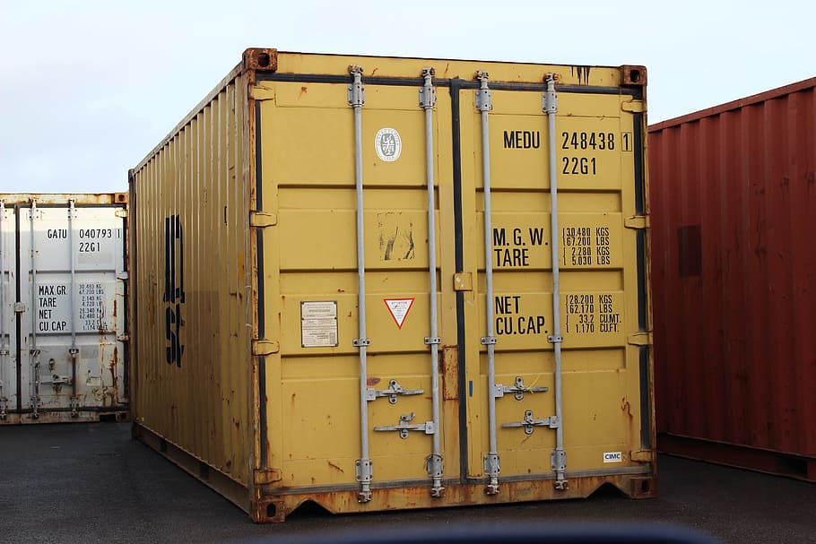 yellow, red, white, metal containers, container, shipping, shipping container, cargo, freight, transport