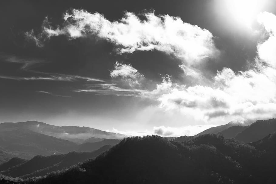grey, scale photo, mountains, daytime, grey scale, blackandwhite, calm, clouds, landscapes, nature