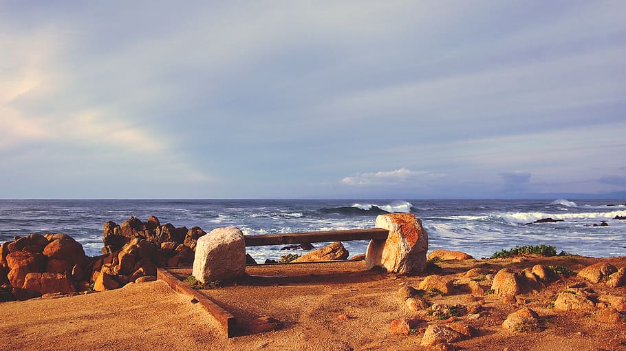 beach, sand, bench, ocean, sea, waves, water, rocks, sky, horizon over water